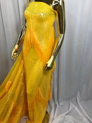 Iridescent DK Yellow Fringe Sequins on Mesh, Fringe Design Embroidered on a Mesh 4way Stretch Fancy Sequin-Prom-Gown ( Choose The Size )