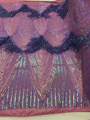 Iridescent Lilac Fringe Sequins on Mauve Mesh, Fringe Design Embroidered on a Mesh 4way Stretch Fancy Sequin-Prom-Gown ( Choose The Size )