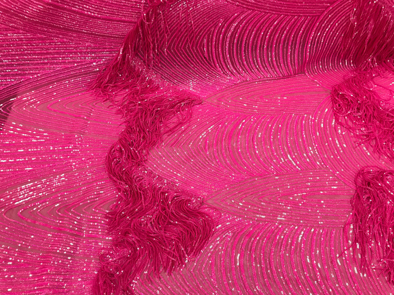 Iridescent Hot Pink Fringe Sequins on Mauve Mesh, Fringe Design Embroidered on a Mesh 4way Stretch Fancy Sequin-Prom-Gown( Choose The Size )