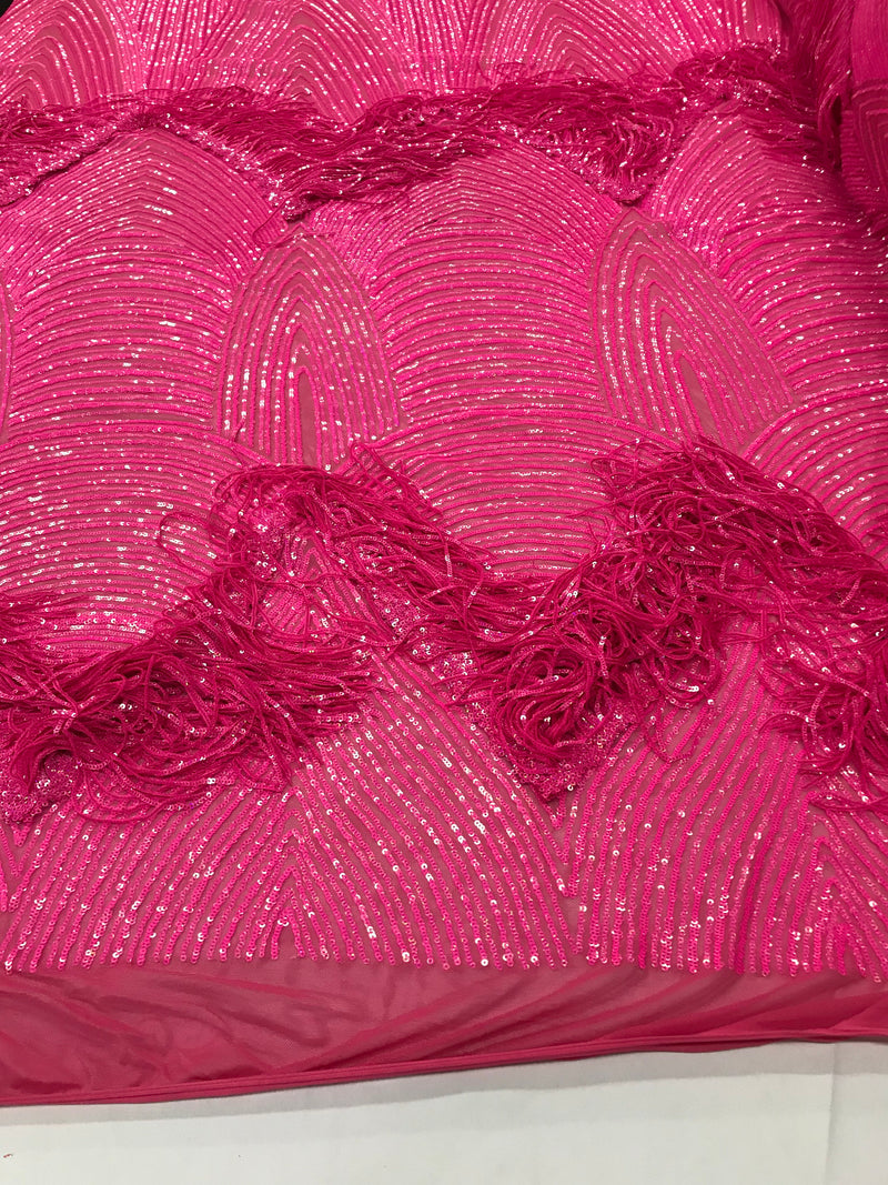 Iridescent Hot Pink Fringe Sequins on Mauve Mesh, Fringe Design Embroidered on a Mesh 4way Stretch Fancy Sequin-Prom-Gown( Choose The Size )