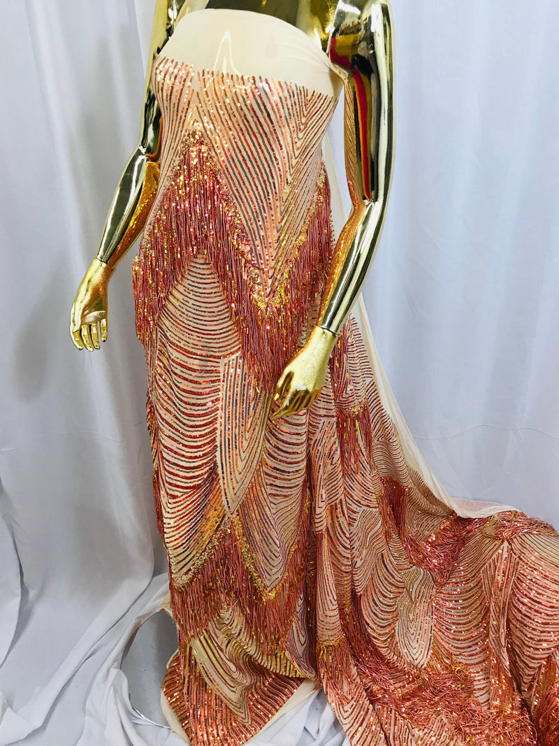 Iridescent Orange Fringe Sequins on Nude Mesh, Fringe Design Embroidered on a Mesh 4way Stretch Fancy Sequin-Prom-Gown ( Choose The Size )
