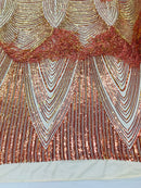 Iridescent Orange Fringe Sequins on Nude Mesh, Fringe Design Embroidered on a Mesh 4way Stretch Fancy Sequin-Prom-Gown ( Choose The Size )