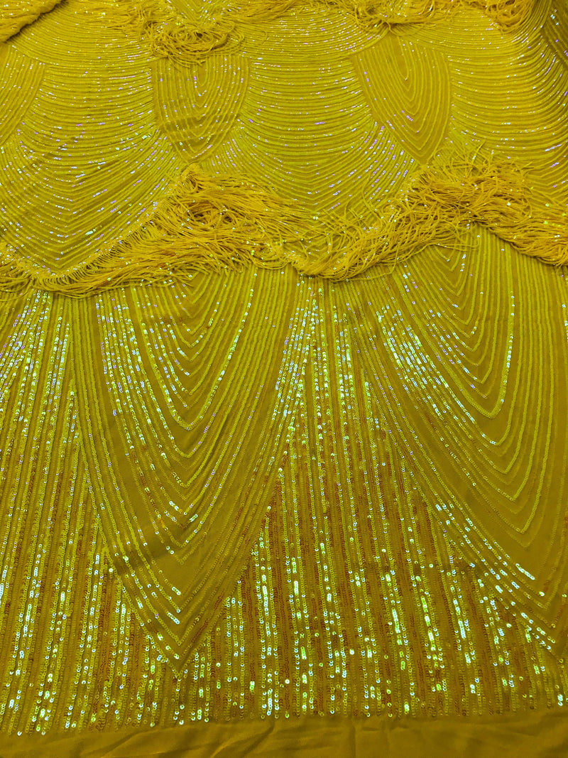 Iridescent Yellow Fringe Sequins on Nude Mesh, Fringe Design Embroidered on a Mesh 4way Stretch Fancy Sequin-Prom-Gown ( Choose The Size )