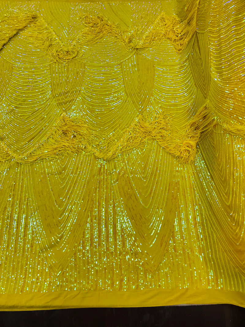 Iridescent Yellow Fringe Sequins on Nude Mesh, Fringe Design Embroidered on a Mesh 4way Stretch Fancy Sequin-Prom-Gown ( Choose The Size )
