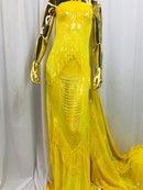 Iridescent Yellow Fringe Sequins on Nude Mesh, Fringe Design Embroidered on a Mesh 4way Stretch Fancy Sequin-Prom-Gown ( Choose The Size )