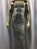 Silver Sequins on Silver Mesh, Royalty Design Embroidered on a Mesh 4 way Stretch Sequin By The Yard -Prom-Gown ( Choose The Size )