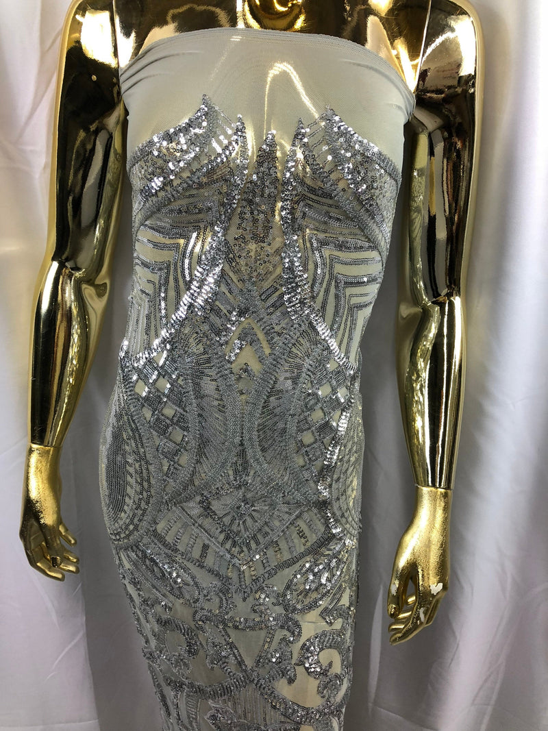 Silver Sequins on Silver Mesh, Royalty Design Embroidered on a Mesh 4 way Stretch Sequin By The Yard -Prom-Gown ( Choose The Size )