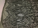 Silver Sequins on Silver Mesh, Royalty Design Embroidered on a Mesh 4 way Stretch Sequin By The Yard -Prom-Gown ( Choose The Size )