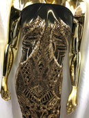 Gold Sequins on Black Mesh, Royalty Design Embroidered on a Mesh 4 way Stretch Sequin By The Yard -Prom-Gown ( Choose The Size )