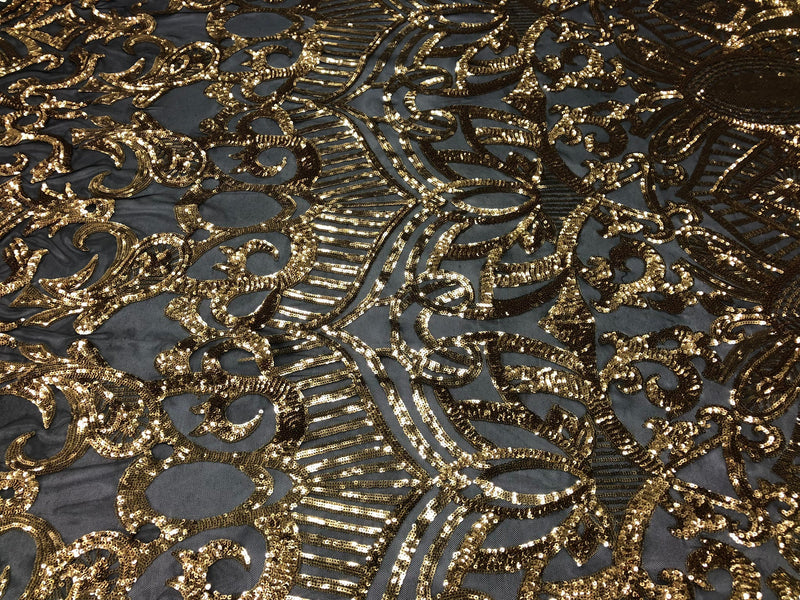 Gold Sequins on Black Mesh, Royalty Design Embroidered on a Mesh 4 way Stretch Sequin By The Yard -Prom-Gown ( Choose The Size )