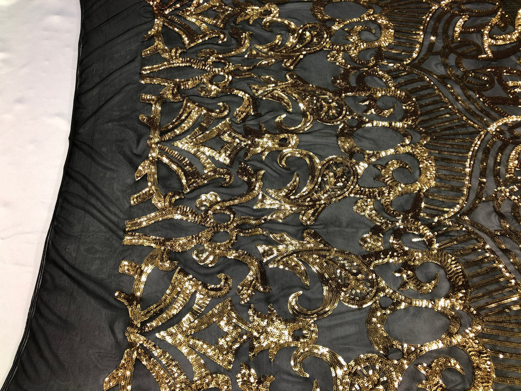 Gold Sequins on Black Mesh, Royalty Design Embroidered on a Mesh 4 way