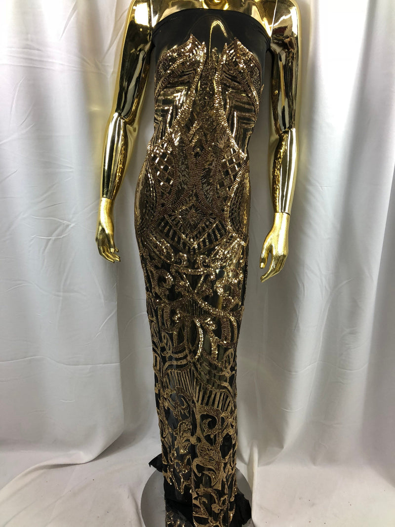 Gold Sequins on Black Mesh, Royalty Design Embroidered on a Mesh 4 way Stretch Sequin By The Yard -Prom-Gown ( Choose The Size )