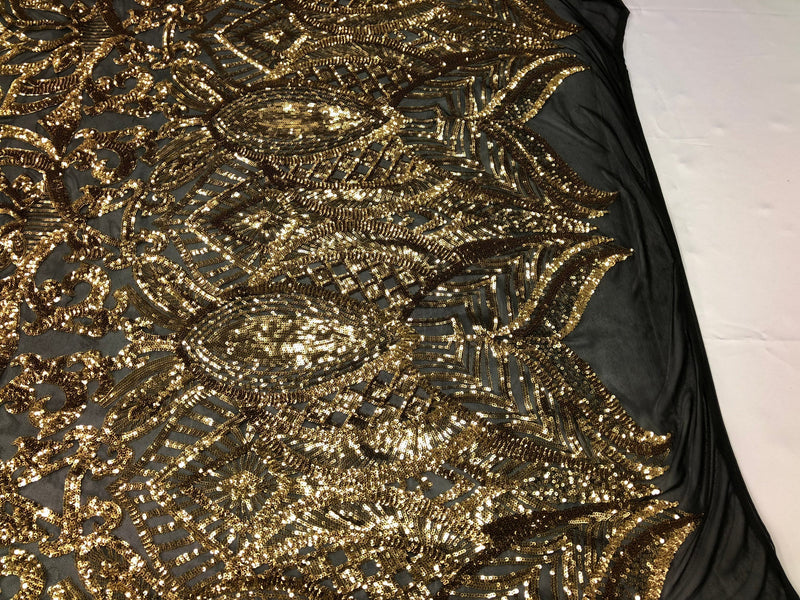 Gold Sequins on Black Mesh, Royalty Design Embroidered on a Mesh 4 way Stretch Sequin By The Yard -Prom-Gown ( Choose The Size )
