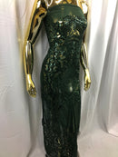 Sequin Hunter Green Lace Fabric, DAMASK Design Embroidered on a Mesh 4 way Stretch Sequin By The Yard -Prom-Gown ( Choose The Size )