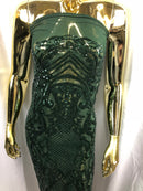 Sequin Hunter Green Lace Fabric, DAMASK Design Embroidered on a Mesh 4 way Stretch Sequin By The Yard -Prom-Gown ( Choose The Size )