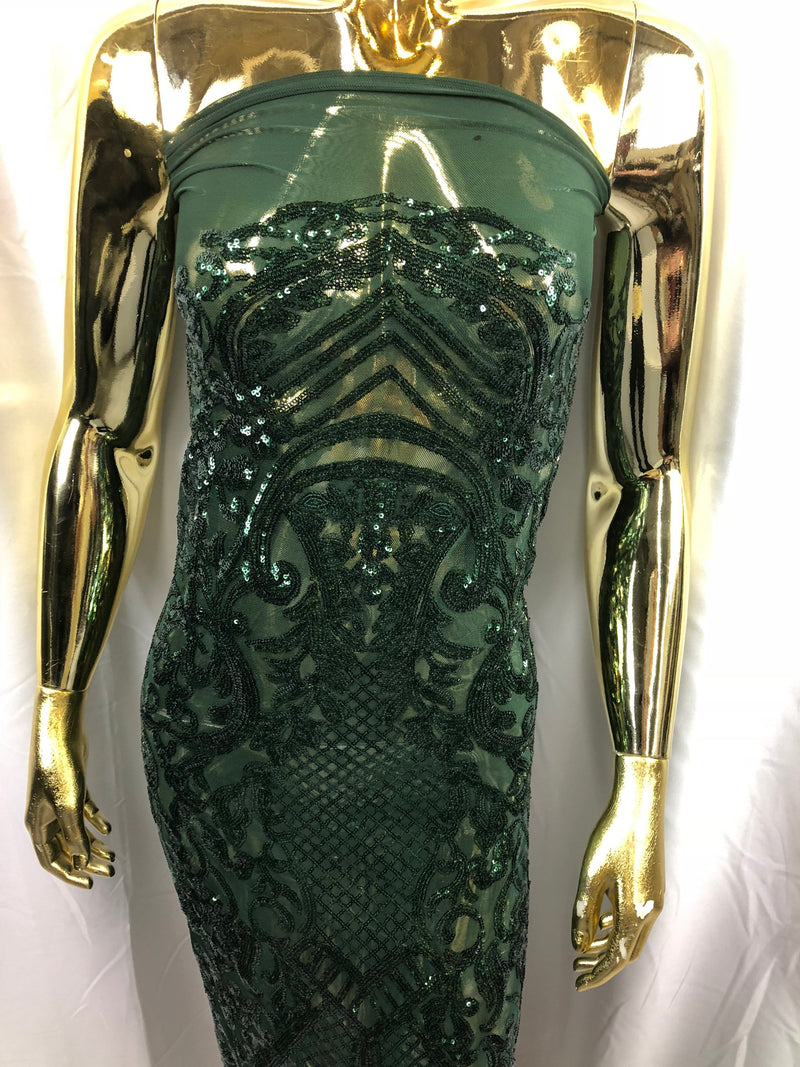 Sequin Hunter Green Lace Fabric, DAMASK Design Embroidered on a Mesh 4 way Stretch Sequin By The Yard -Prom-Gown ( Choose The Size )
