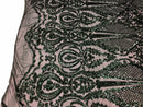 Sequin Hunter Green Lace Fabric, DAMASK Design Embroidered on a Mesh 4 way Stretch Sequin By The Yard -Prom-Gown ( Choose The Size )