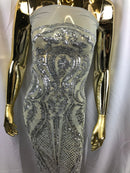 Sequin Silver Lace Fabric, DAMASK Design Embroidered on Silver Mesh 4 way Stretch Sequin By The Yard -Prom-Gown ( Choose The Size )