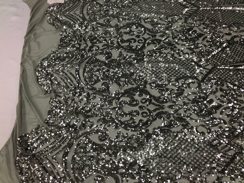 Sequin Silver Lace Fabric, DAMASK Design Embroidered on Silver Mesh 4 way Stretch Sequin By The Yard -Prom-Gown ( Choose The Size )