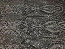 Sequin Silver Lace Fabric, DAMASK Design Embroidered on Silver Mesh 4 way Stretch Sequin By The Yard -Prom-Gown ( Choose The Size )