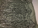 Sequin Silver Lace Fabric, DAMASK Design Embroidered on Silver Mesh 4 way Stretch Sequin By The Yard -Prom-Gown ( Choose The Size )