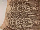 Sequin Rose Gold Lace Fabric, DAMASK Design Embroidered on a Mesh 4 way Stretch Sequin By The Yard -Prom-Gown ( Choose The Size )