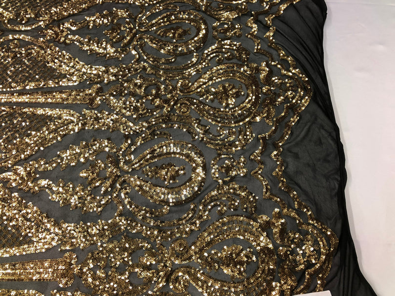 Sequin Gold Lace Fabric, DAMASK Design Embroidered on Black Mesh 4 way Stretch Sequin By The Yard -Prom-Gown ( Choose The Size )