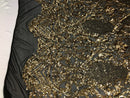Sequin Gold Lace Fabric, DAMASK Design Embroidered on Black Mesh 4 way Stretch Sequin By The Yard -Prom-Gown ( Choose The Size )