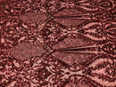 Sequins Burgundy Lace Fabric, DAMASK Design Embroidered on a Mesh 4 way Stretch Sequin By The Yard -Prom-Gown ( Choose The Size )