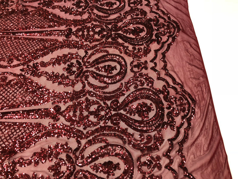 Sequins Burgundy Lace Fabric, DAMASK Design Embroidered on a Mesh 4 way Stretch Sequin By The Yard -Prom-Gown ( Choose The Size )
