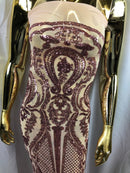 Sequins Pink Lace Fabric, DAMASK Design Embroidered on a Mesh 4 way Stretch Sequin By The Yard -Prom-Gown ( Choose The Size )