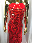 Sequins Red Lace Fabric, DAMASK Design Embroidered on a Mesh 4 way Stretch Sequin By The Yard -Prom-Gown ( Choose The Size )