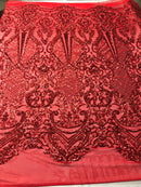 Sequins Red Lace Fabric, DAMASK Design Embroidered on a Mesh 4 way Stretch Sequin By The Yard -Prom-Gown ( Choose The Size )