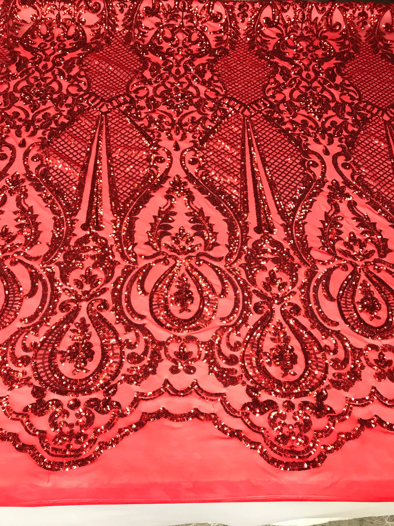 Sequins Red Lace Fabric, DAMASK Design Embroidered on a Mesh 4 way Stretch Sequin By The Yard -Prom-Gown ( Choose The Size )