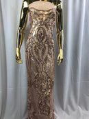 Sequins Rose Gold Lace Fabric, DAMASK Design Embroidered on a Mesh 4 way Stretch Sequin By The Yard -Prom-Gown ( Choose The Size )
