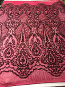 Damask Sequins - Burgundy - Lace Fabric Design Embroidered on a 4 Way Stretch Mesh