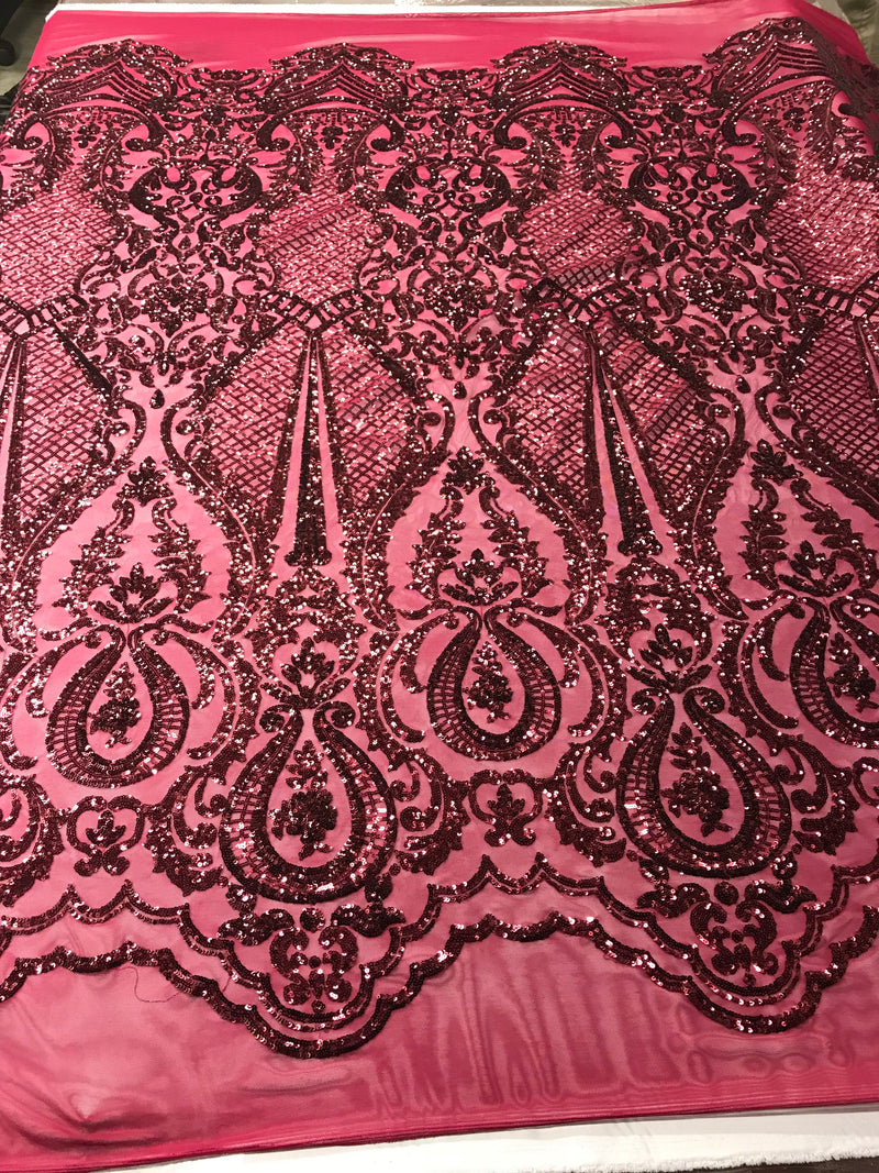 Damask Sequins - Burgundy - Lace Fabric Design Embroidered on a 4 Way Stretch Mesh