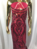 Damask Sequins - Burgundy - Lace Fabric Design Embroidered on a 4 Way Stretch Mesh