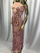 Sequins Dusty Rose Lace Fabric, DAMASK Design Embroidered on a Mesh 4 way Stretch Sequin By The Yard -Prom-Gown ( Choose The Size )