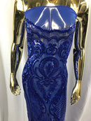 Sequins Royal Blue Lace Fabric, DAMASK Design Embroidered on a Mesh 4 way Stretch Sequin By The Yard -Prom-Gown ( Choose The Size )