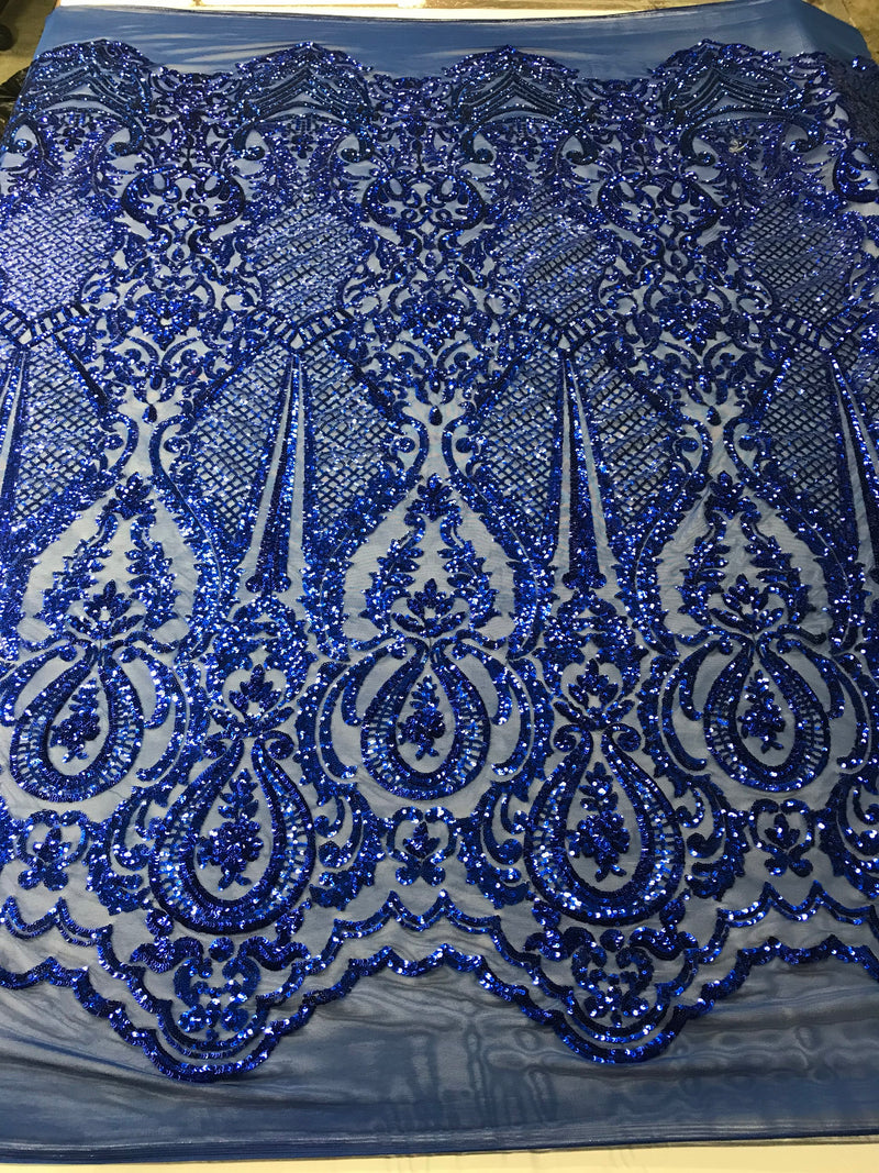 Sequins Royal Blue Lace Fabric, DAMASK Design Embroidered on a Mesh 4 way Stretch Sequin By The Yard -Prom-Gown ( Choose The Size )