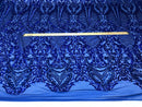 Sequins Royal Blue Lace Fabric, DAMASK Design Embroidered on a Mesh 4 way Stretch Sequin By The Yard -Prom-Gown ( Choose The Size )