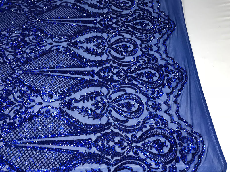 Sequins Royal Blue Lace Fabric, DAMASK Design Embroidered on a Mesh 4 way Stretch Sequin By The Yard -Prom-Gown ( Choose The Size )