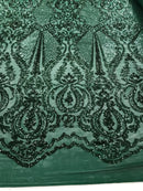 Sequins Hunter Green Lace Fabric, DAMASK Design Embroidered on a Mesh 4 way Stretch Sequin By The Yard -Prom-Gown ( Choose The Size )