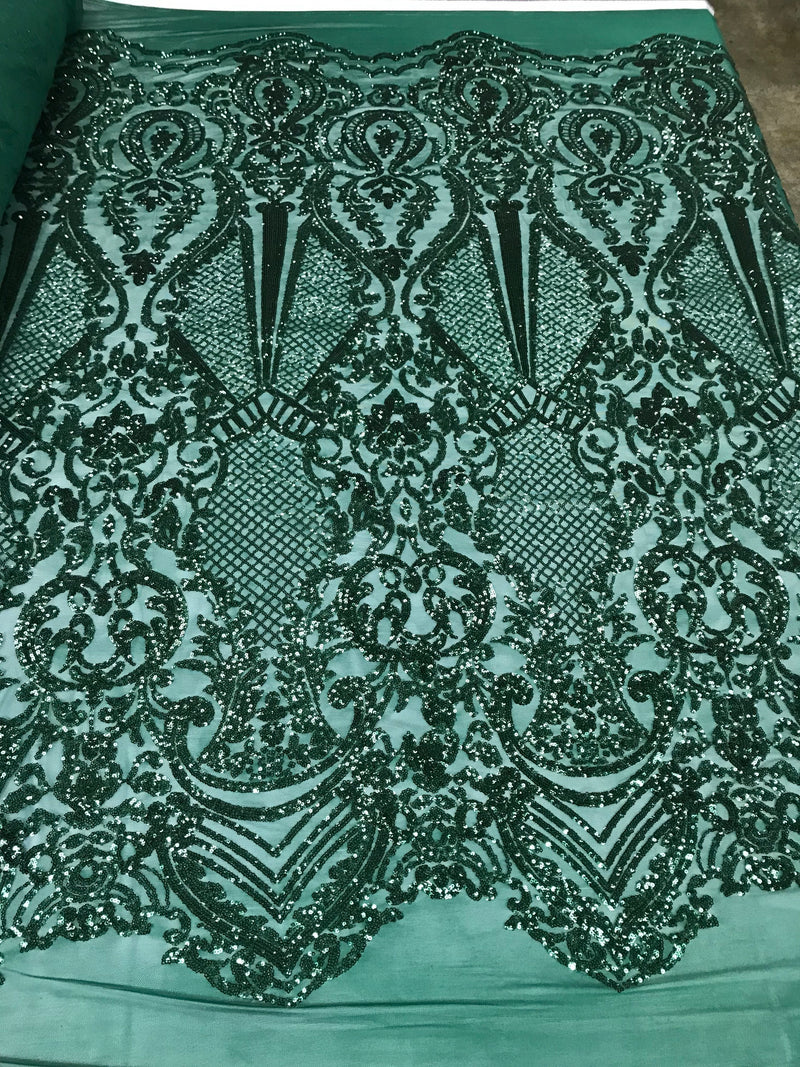 Sequins Hunter Green Lace Fabric, DAMASK Design Embroidered on a Mesh 4 way Stretch Sequin By The Yard -Prom-Gown ( Choose The Size )