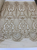 Sequins Matte Gold Lace Fabric, DAMASK Design Embroidered on a Mesh 4 way Stretch Sequin By The Yard -Prom-Gown ( Choose The Size )
