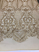 Sequins Matte Gold Lace Fabric, DAMASK Design Embroidered on a Mesh 4 way Stretch Sequin By The Yard -Prom-Gown ( Choose The Size )
