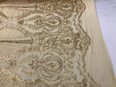 Sequins Matte Gold Lace Fabric, DAMASK Design Embroidered on a Mesh 4 way Stretch Sequin By The Yard -Prom-Gown ( Choose The Size )