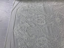 Sequins White Lace Fabric, DAMASK Design Embroidered on a Mesh 4 way Stretch Sequin By The Yard -Prom-Gown ( Choose The Size )