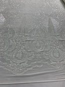 Sequins White Lace Fabric, DAMASK Design Embroidered on a Mesh 4 way Stretch Sequin By The Yard -Prom-Gown ( Choose The Size )